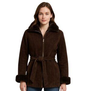 Wilsons Leather Luxurious Brown Faux Fur Collar, Cuffs Suede Leather Coat
